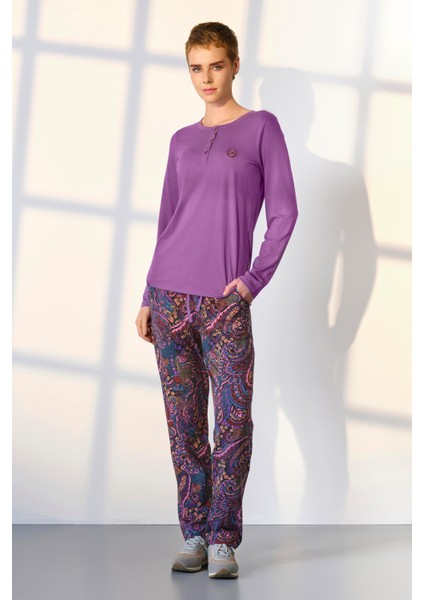 Büyük Beden Kadın Mor Desenli T-Shirt Pijama Takımı 25K4039P