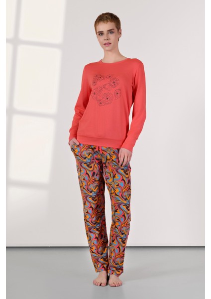 Kadın Desenli Renkli T-Shirt Pijama Takımı 25K4048