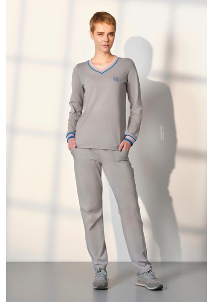 Kadın Gri Renkli V Yaka T-Shirt Pijama Takımı 25K4044