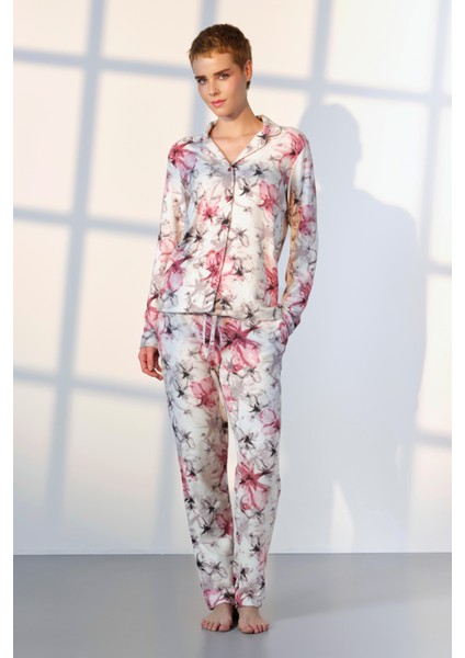 Kadın Çiçek Desenli Gömlek T-Shirt Pijama Takımı 25K4031