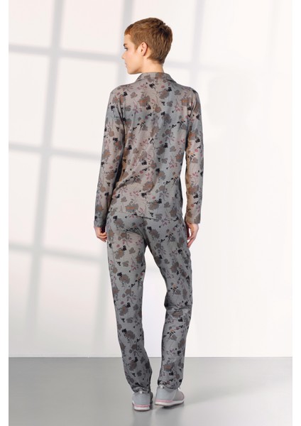Kadın Gri Çiçek Desenli Gömlek Pijama Takımı 25K4030P