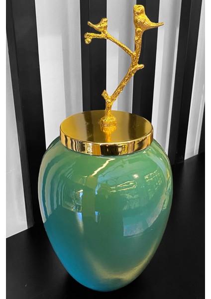 Dekoratif Dallı Kuşlu Gold Kapaklı Küp Vazo 40 Cm