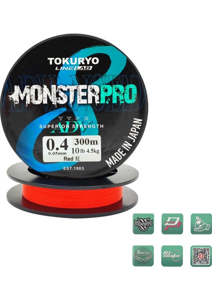 Tokuryo Lıne Lab Monsterpro X8 0.4pe 0.05MM 10IB 4.5kg Red 300MT Örgü Ip