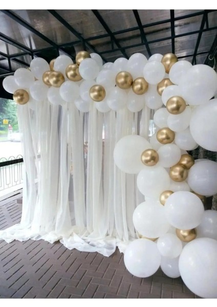 50 Adet Balon Beyaz ve Krom Gold Dugun Nisan Soz Arka Plan Resim Organizasyon Set