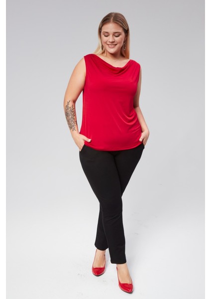 Degaje Yaka Sandy Büyük Beden Kadın Basic Bluz 4 Mevsim Rahat Kullanım Şık Atlet-Kırmızı