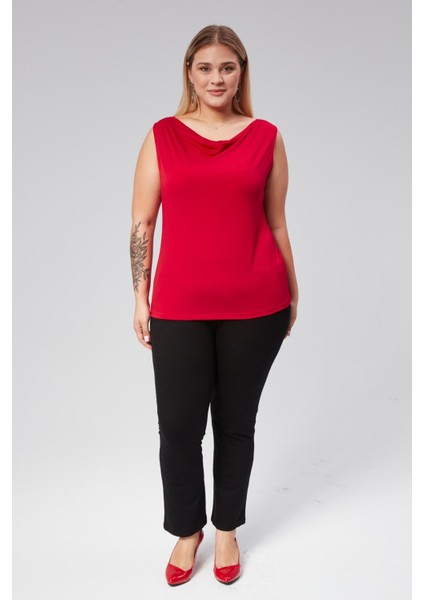 Degaje Yaka Sandy Büyük Beden Kadın Basic Bluz 4 Mevsim Rahat Kullanım Şık Atlet-Kırmızı fiyatları
