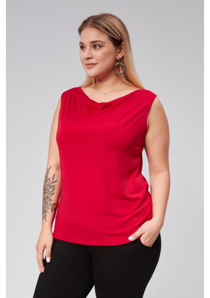 Degaje Yaka Sandy Büyük Beden Kadın Basic Bluz 4 Mevsim Rahat Kullanım Şık Atlet-Kırmızı fırsatları