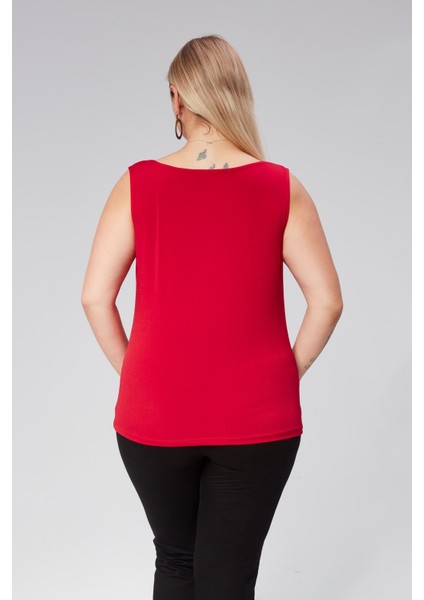 Degaje Yaka Sandy Büyük Beden Kadın Basic Bluz 4 Mevsim Rahat Kullanım Şık Atlet-Kırmızı indirimleri