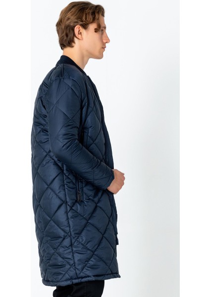Erkek Regular Fit Kışlık Çok Cepli Çift Yön Fermuarlı Bomber Yaka Uzun Kapitone Şişme Mont