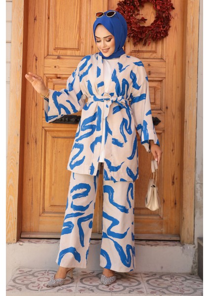 Desenli Indigo Mavisi Tesettür Ikili Kimono Takım 12123IM