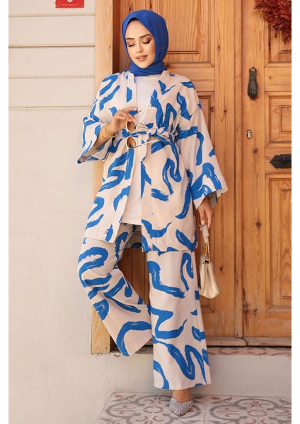 Desenli Indigo Mavisi Tesettür Ikili Kimono Takım 12123IM