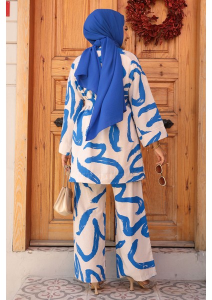 Desenli Indigo Mavisi Tesettür Ikili Kimono Takım 12123IM