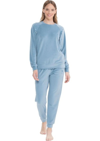 17092 Kadın Uzun Kollu Kadife Paçası Lastikli Rahat Ev Giyim-Mavimelanj