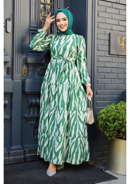 Desenli Yeşil Tesettür Elbise 23141Y
