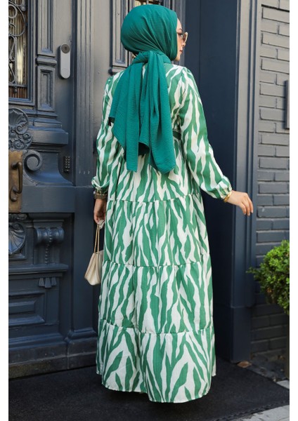Desenli Yeşil Tesettür Elbise 23141Y modelleri