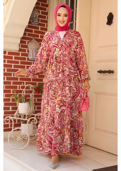 Desenli Fuşya Tesettür Elbise 23585F fiyatları