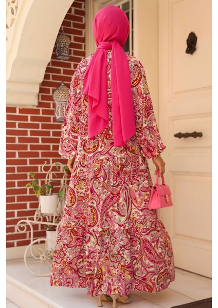 Desenli Fuşya Tesettür Elbise 23585F modelleri