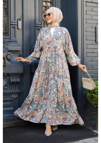 Desenli Bej Tesettür Elbise 23585BEJ