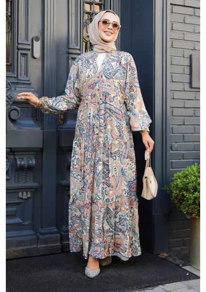 Desenli Bej Tesettür Elbise 23585BEJ fiyatları