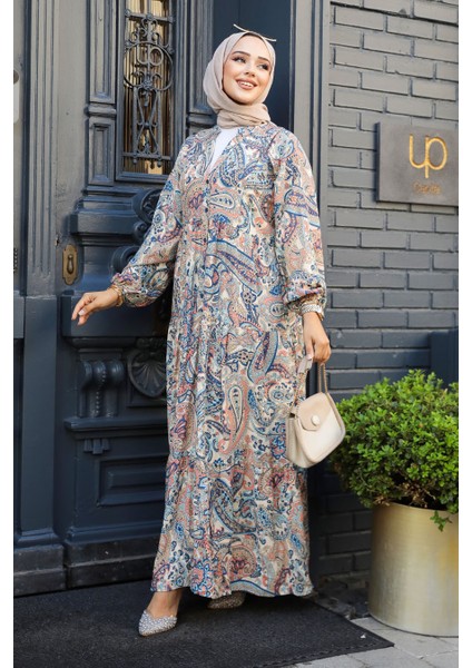 Desenli Bej Tesettür Elbise 23585BEJ modelleri