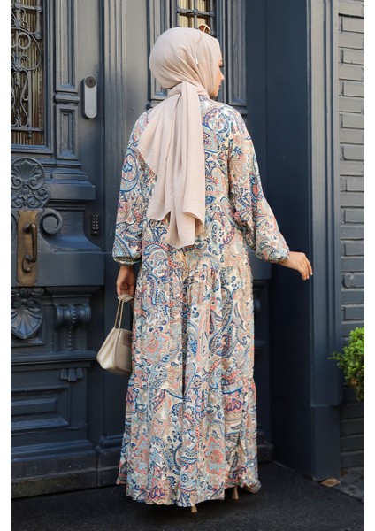Desenli Bej Tesettür Elbise 23585BEJ fırsatları
