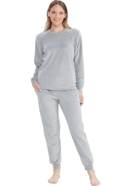 17092 Kadın Uzun Kollu Kadife Paçası Lastikli Rahat Ev Giyim-Gri