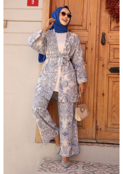 Desenli Indigo Mavisi Tesettür Ikili Kimono Takım 12122IM