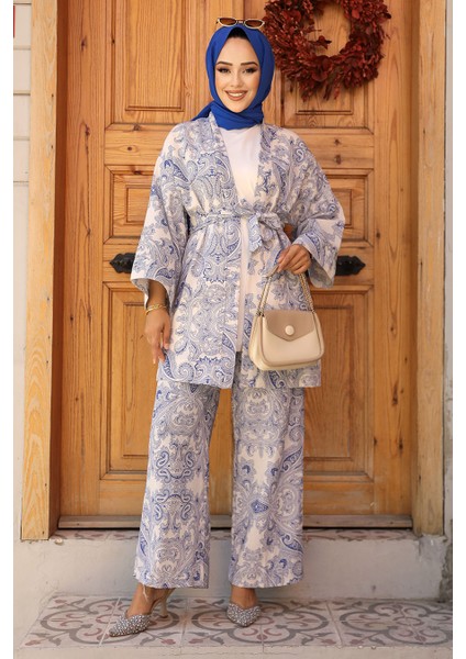 Desenli Indigo Mavisi Tesettür Ikili Kimono Takım 12122IM modelleri