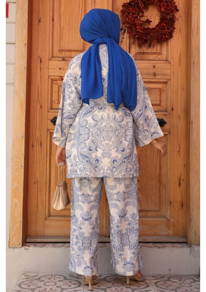 Desenli Indigo Mavisi Tesettür Ikili Kimono Takım 12122IM fırsatları