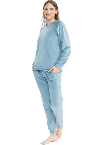 17092 Kadın Uzun Kollu Kadife Paçası Lastikli Rahat Ev Giyim-Mavimelanj fırsatları