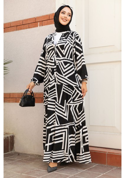 Desenli Beyaz Tesettür Elbise 23583B
