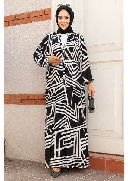 Desenli Beyaz Tesettür Elbise 23583B fiyatları