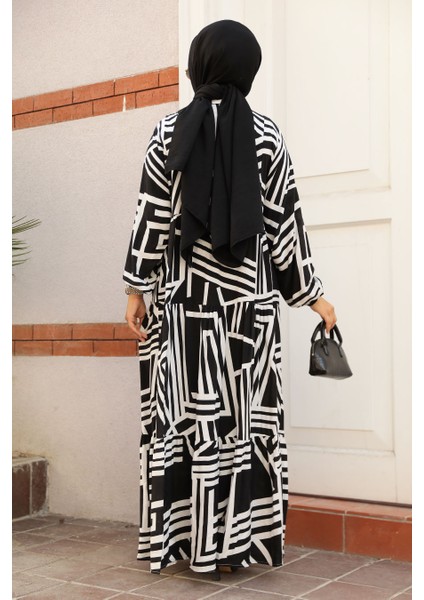 Desenli Beyaz Tesettür Elbise 23583B modelleri
