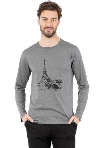 6064 Erkek Uzun Kollu Bisiklet Yaka Pijama Takımı-Gri