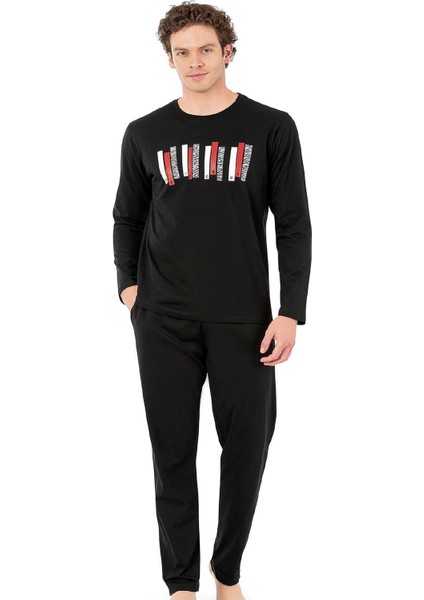 6071 Erkek Uzun Kollu Bisiklet Yaka Pijama Takımı-Siyah