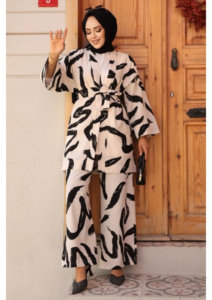Desenli Siyah Tesettür Ikili Kimono Takım 12123S