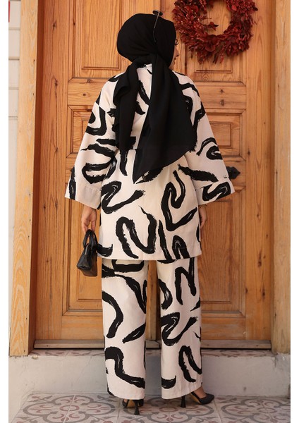 Desenli Siyah Tesettür Ikili Kimono Takım 12123S modelleri