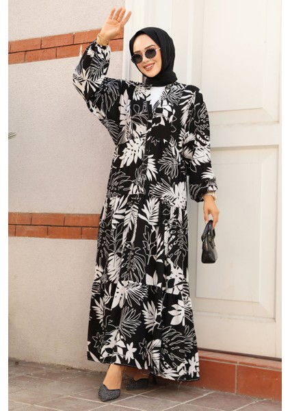 Desenli Siyah Tesettür Elbise 23582S
