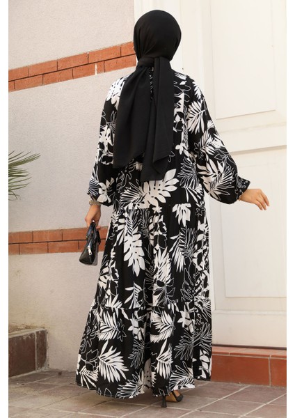 Desenli Siyah Tesettür Elbise 23582S