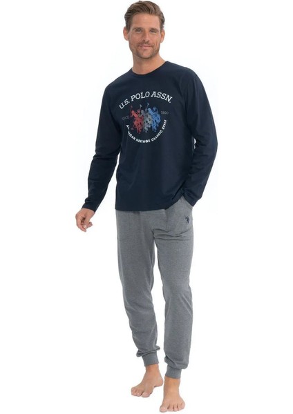 18832 Erkek Uzun Kollu Yuvarlak Yaka Paçası Lastikli Pijama Takımı-Lacivert