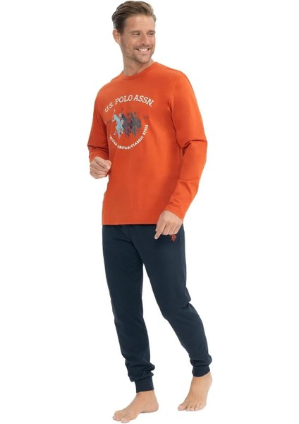 18832 Erkek Uzun Kollu Yuvarlak Yaka Paçası Lastikli Pijama Takımı-Turuncu fırsatları