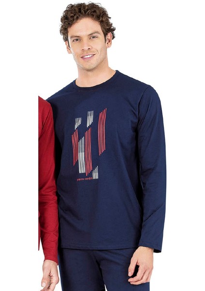 6063 Erkek Uzun Kollu Bisiklet Yaka Pijama Takımı-Lacivert