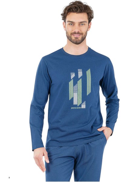6063 Erkek Uzun Kollu Bisiklet Yaka Pijama Takımı-Indigo