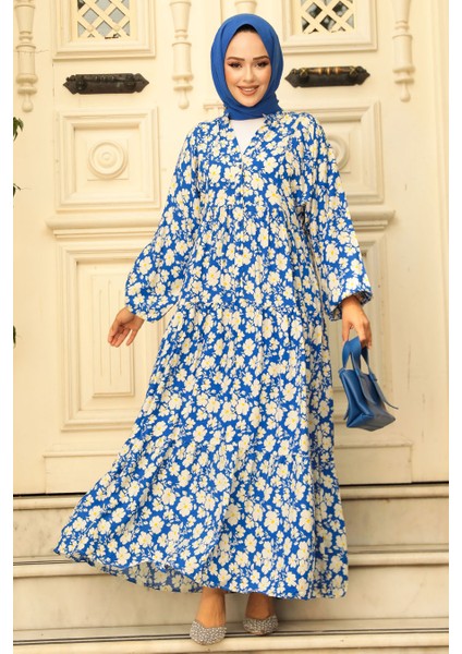 Desenli Indigo Mavisi Tesettür Elbise 23586IM