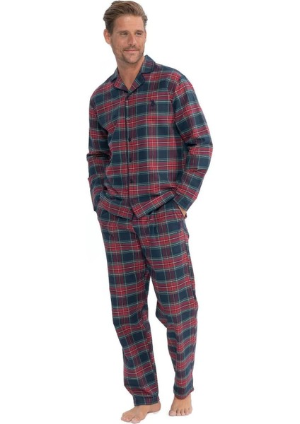 18852 Erkek Uzun Kollu Önden Düğmeli Gömlek Pijama Takım-Bordo