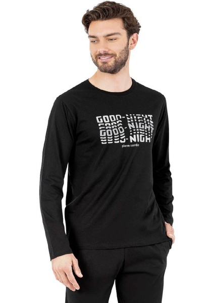 6062 Erkek Uzun Kollu Bisiklet Yaka Pijama Takımı-Siyah