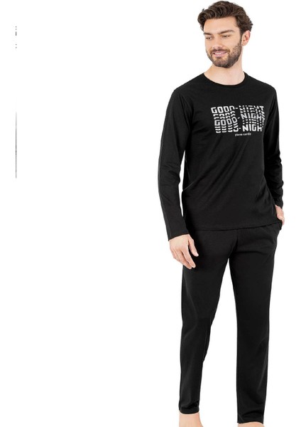 6062 Erkek Uzun Kollu Bisiklet Yaka Pijama Takımı-Siyah