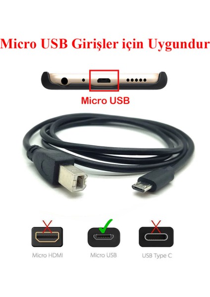 Micro USB To Usb-B Midi - Otg Tablet Telefon Yazıcı Kablosu 1.5 Metre