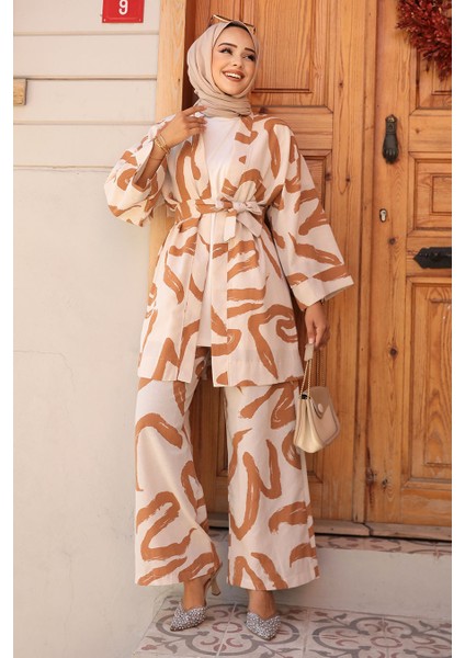 Desenli Camel Tesettür Ikili Kimono Takım 12123C fiyatları