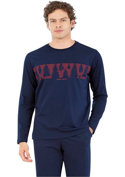 6068 Erkek Uzun Kollu Bisiklet Yaka Pijama Takımı-Lacivert